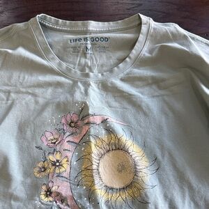 Life Is Good Sun & Moon Floral Tee - Sage with Yellow & Pink Print
